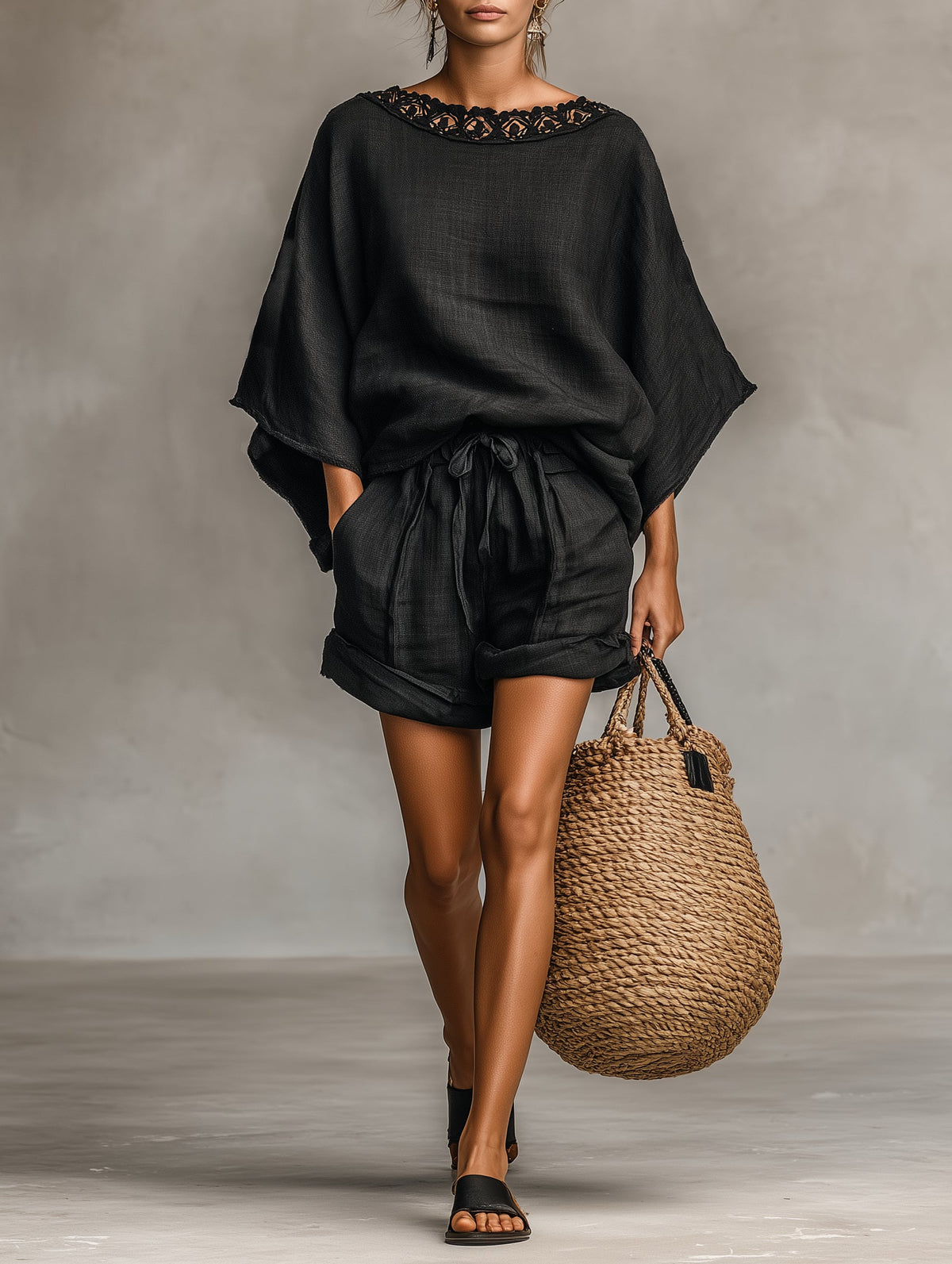 Linen Lace-Trim Shorts Set