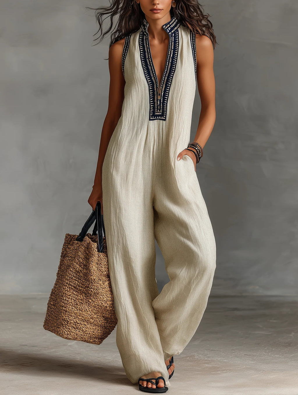 Embroidered Linen Jumpsuit