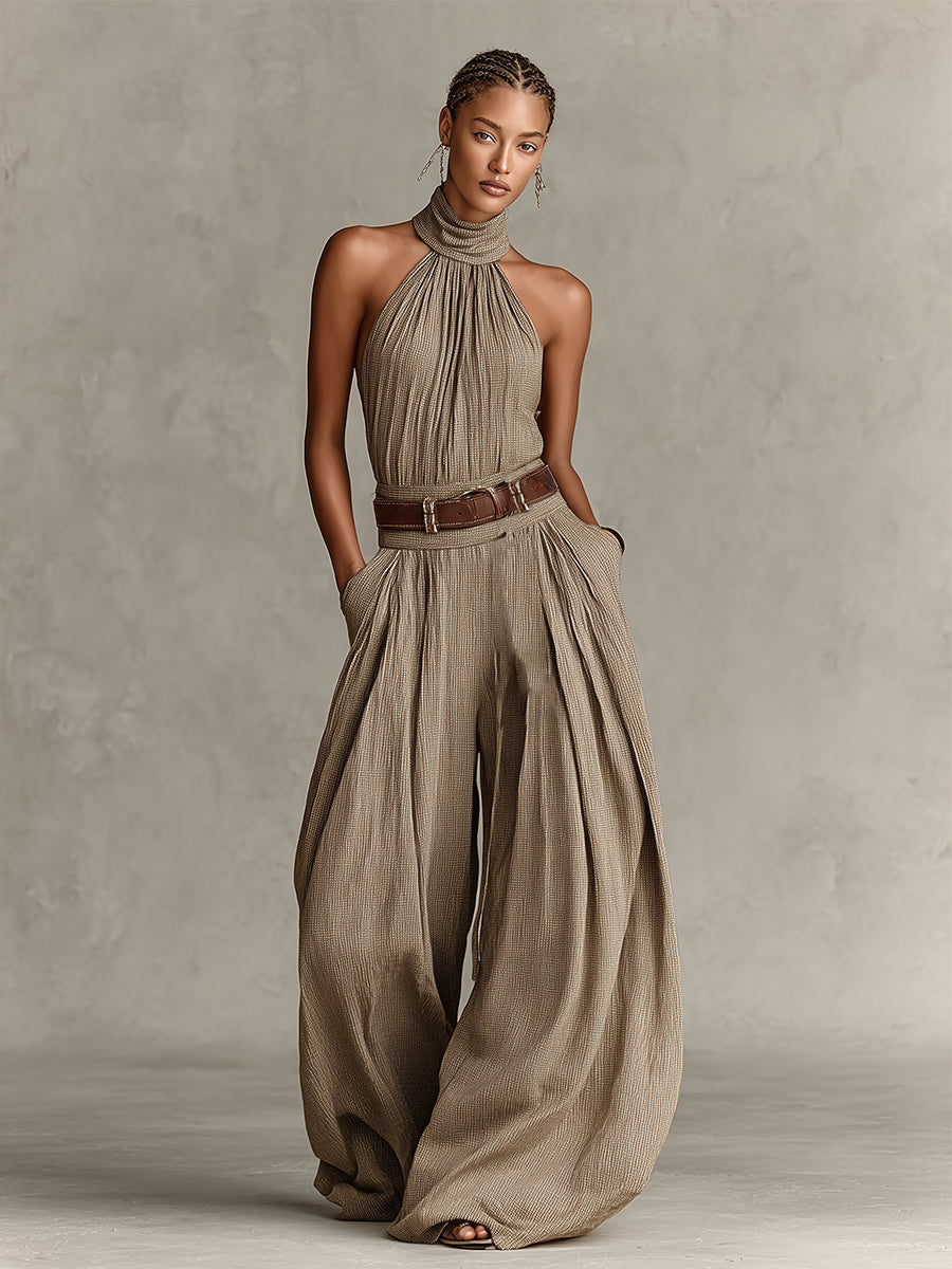 Taupe Boho Halter Wide-Leg Jumpsuit(Without Belt)