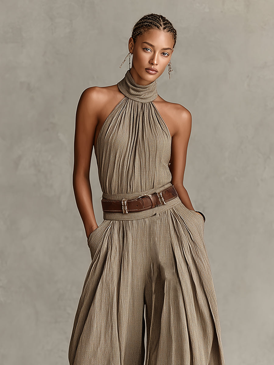 Taupe Boho Halter Wide-Leg Jumpsuit(Without Belt)