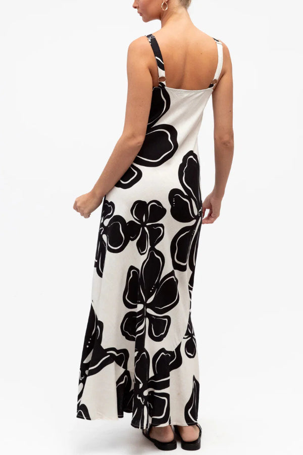 Color-blocked Floral Print Sleeveless Slim-fit Elegant Ruffled Hem Maxi Dress