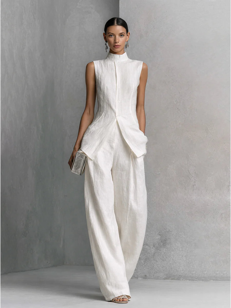 White Linen-Cotton Sleeveless Top & Wide-Leg Pant Set