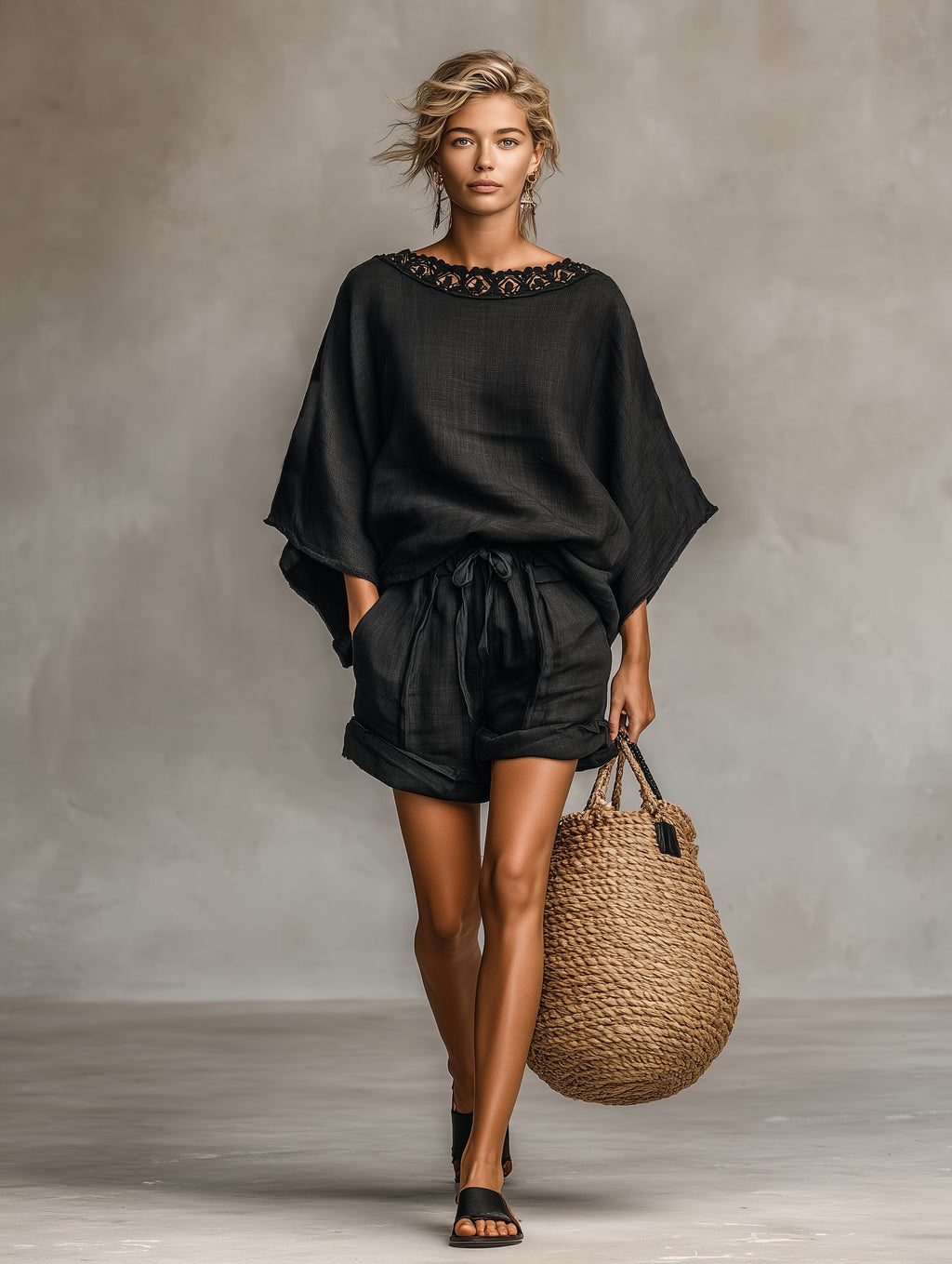Linen Lace-Trim Shorts Set