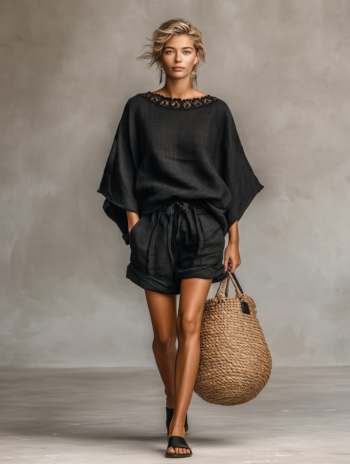 Linen Lace-Trim Shorts Set