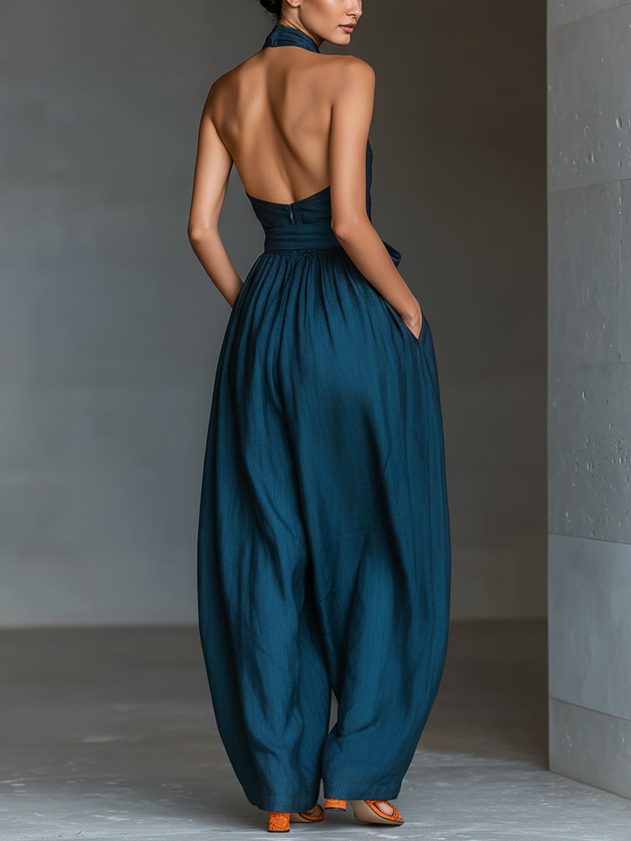 Navy Linen Cross-Back Wide-Leg Jumpsuit