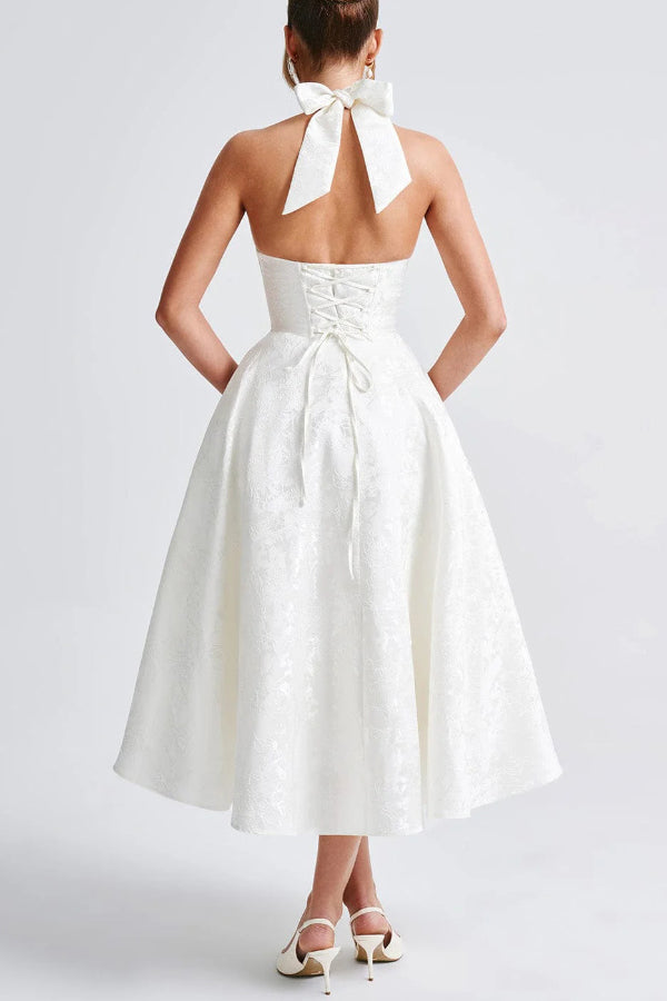 Stylish Jacquard Halter Neck Fitted Waist Open Back Elegant Midi Dress
