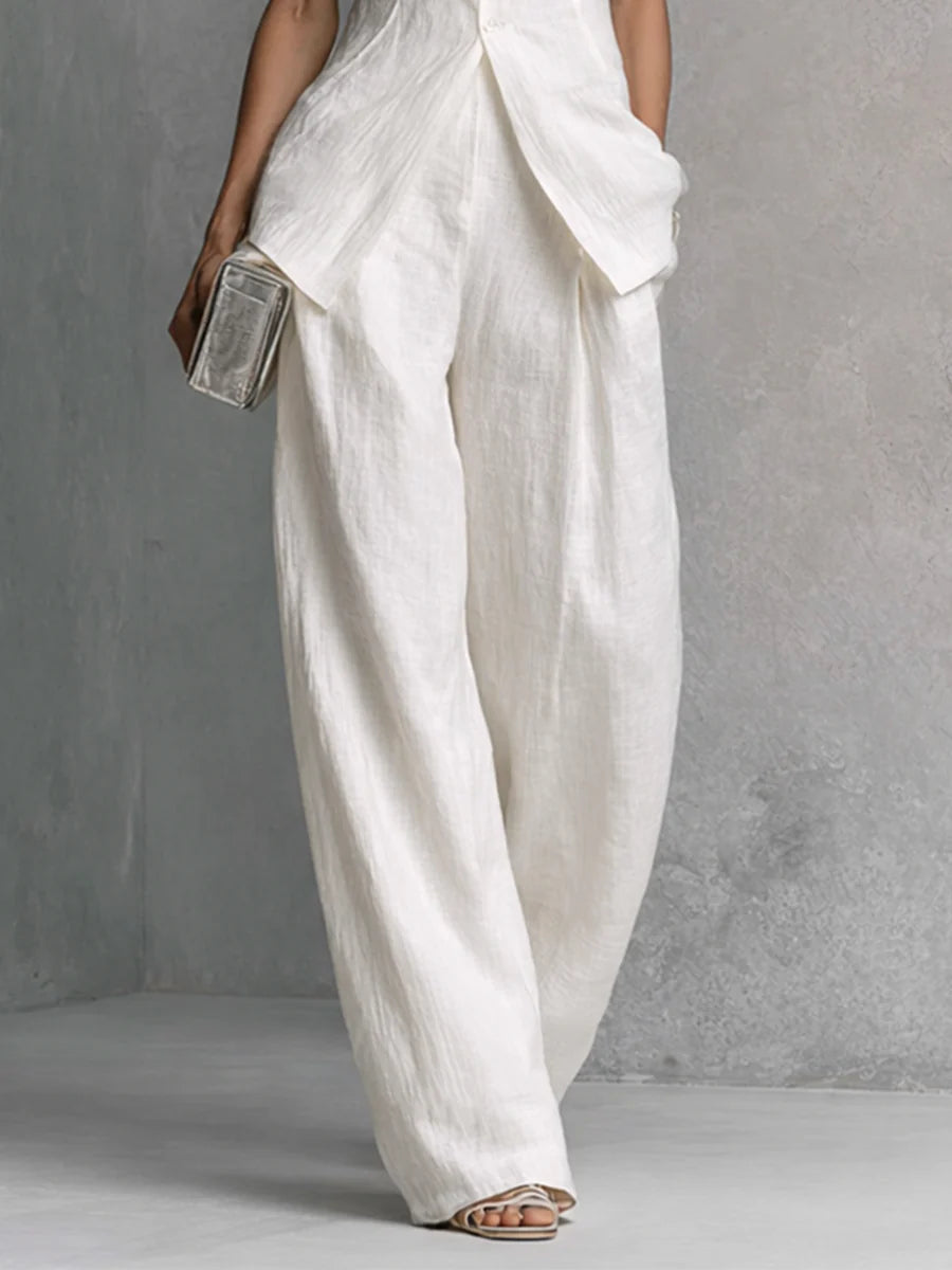White Linen-Cotton Sleeveless Top & Wide-Leg Pant Set