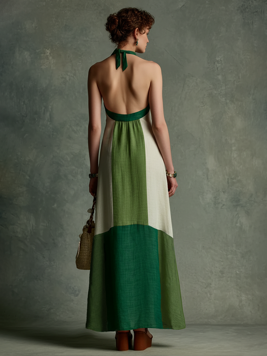 Green Horizon Color-Block Halter Maxi Dress