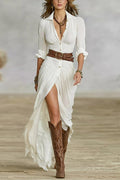 Fashion Lapel Single-breasted Waist Shirt-style Maxi Dress