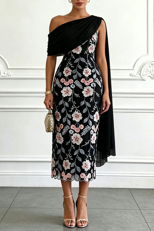 Ellie Ruched Drape Tulle One Shoulder Floral Embroidery Party Midi Dress