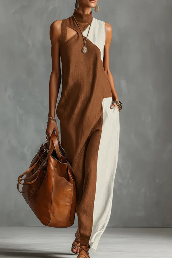 Stylish Color-blocked High-neck Sleeveless Casual Pocket Maxi Dress