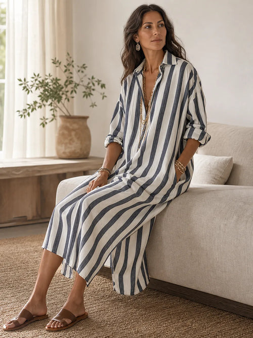 Casual Striped Shirt Bohemian Style Maxi Dress