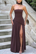 Strapless Back Lace-up High Slit Splice Maxi Dress