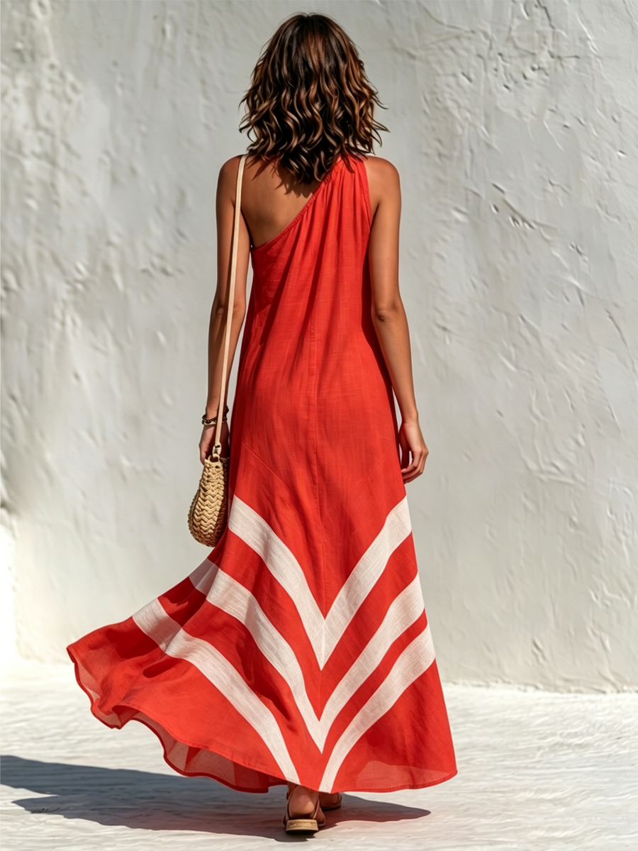 One-Shoulder Colorblock Maxi Dress
