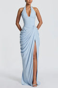 Minette Halter Back Lace-up Asymmetrical Pleats Slit Maxi Dress (pink)