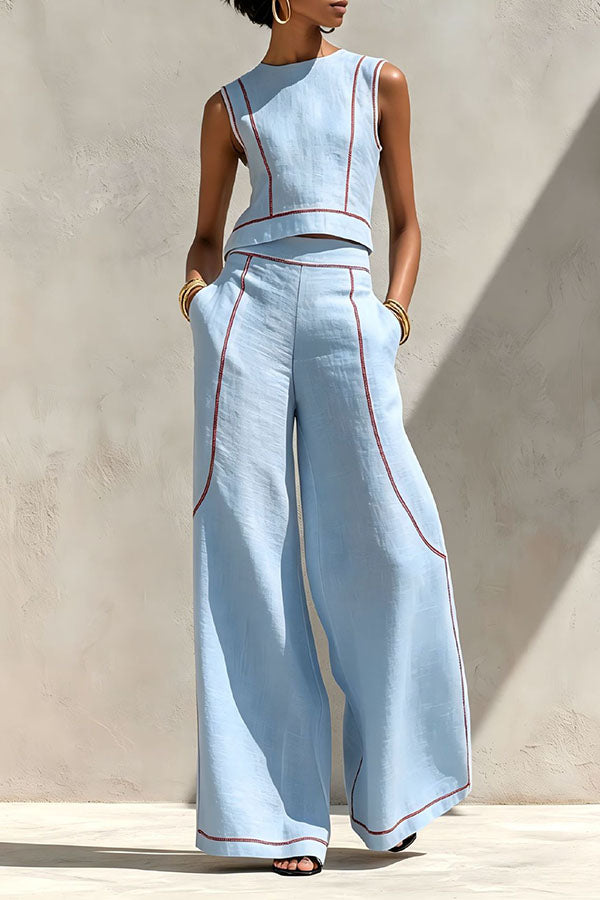 Elysia Contrast-Stitch Linen Two-Piece Set