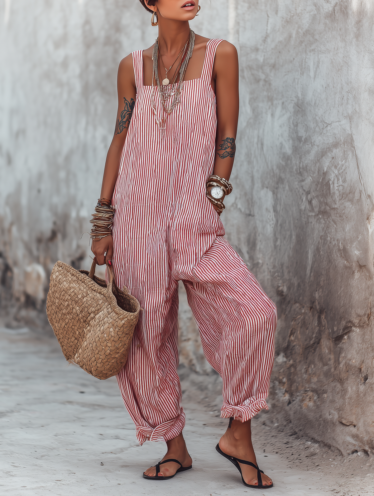 Minimalist Striped Loose-Fit Square-Neck Sleeveless Jumpsuit
