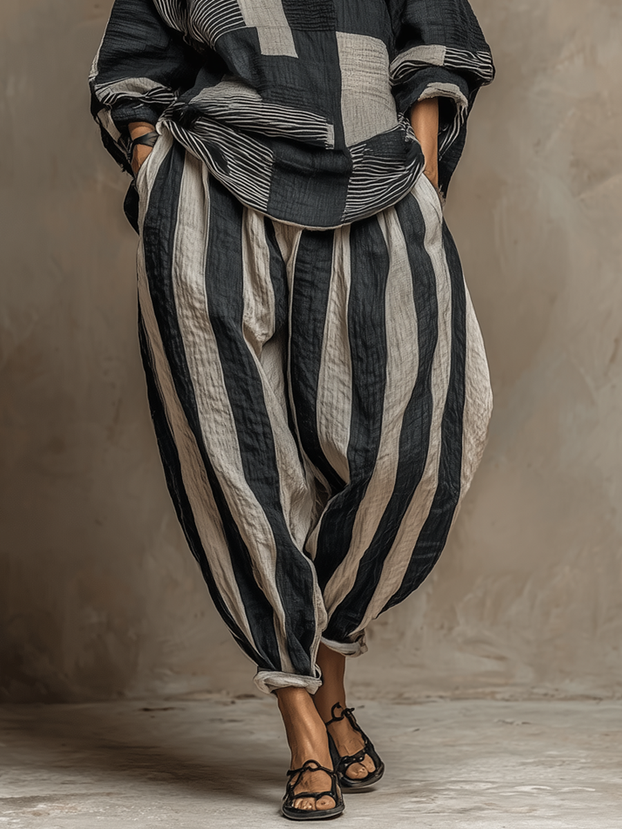 Casual Color-Block Printed Crewneck Loose-Fit Long-Sleeve Top And Pants Set