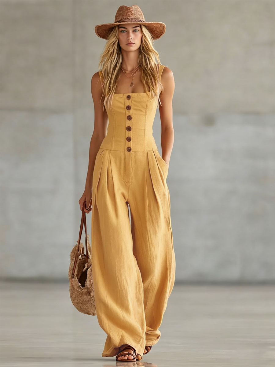 Retro Button-Front Wide-Leg Jumpsuit