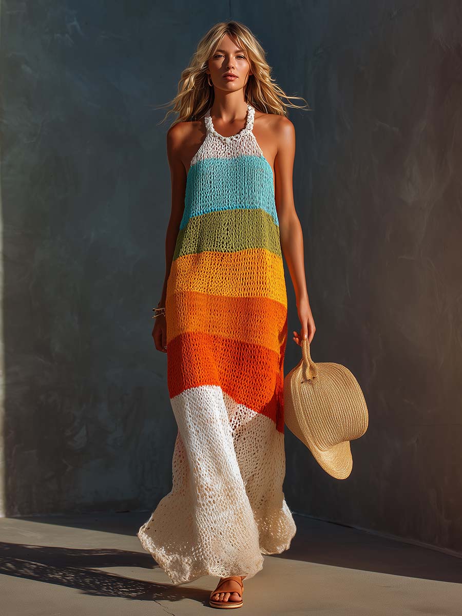 Colorful Halter Stripe Maxi Dress