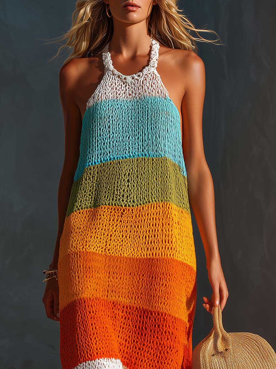 Colorful Halter Stripe Maxi Dress