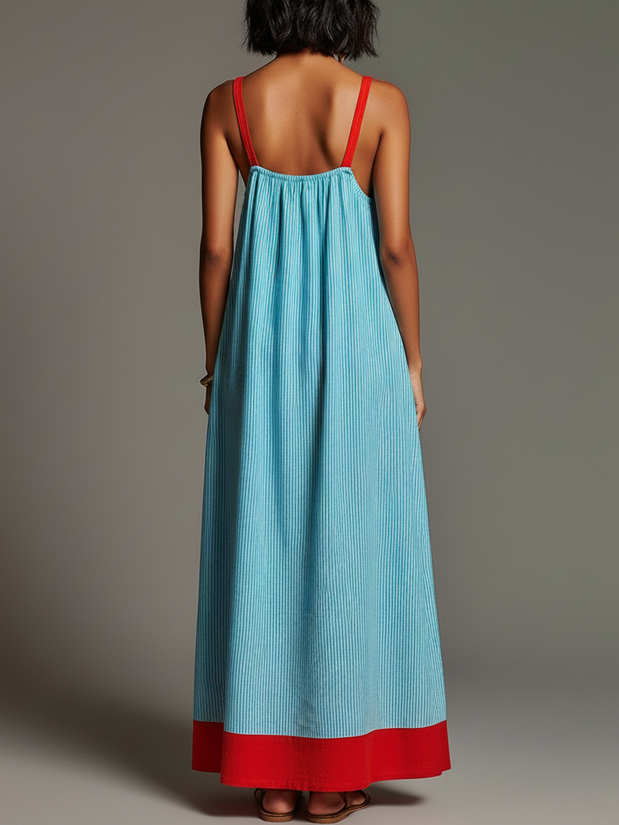 Vacation Style Linen-Cotton Striped Color Block Spaghetti Strap Maxi Dress With Pockets