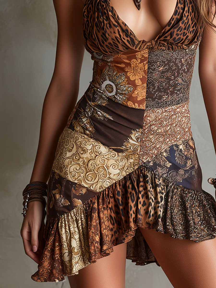 Leopard Baroque Halter Mini Dress