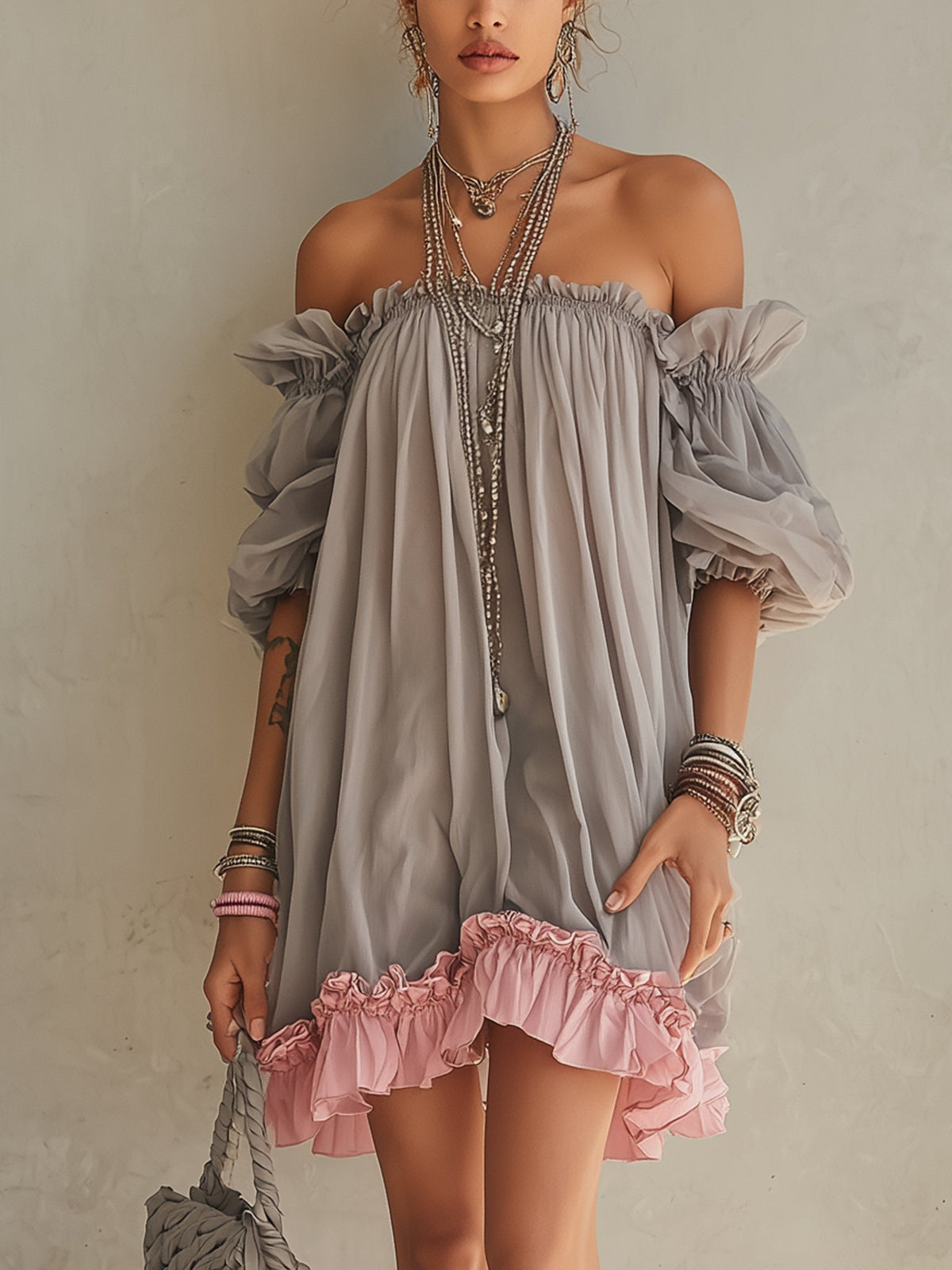 Gray Chiffon Off Shoulder Mini Dress With Pink Hem