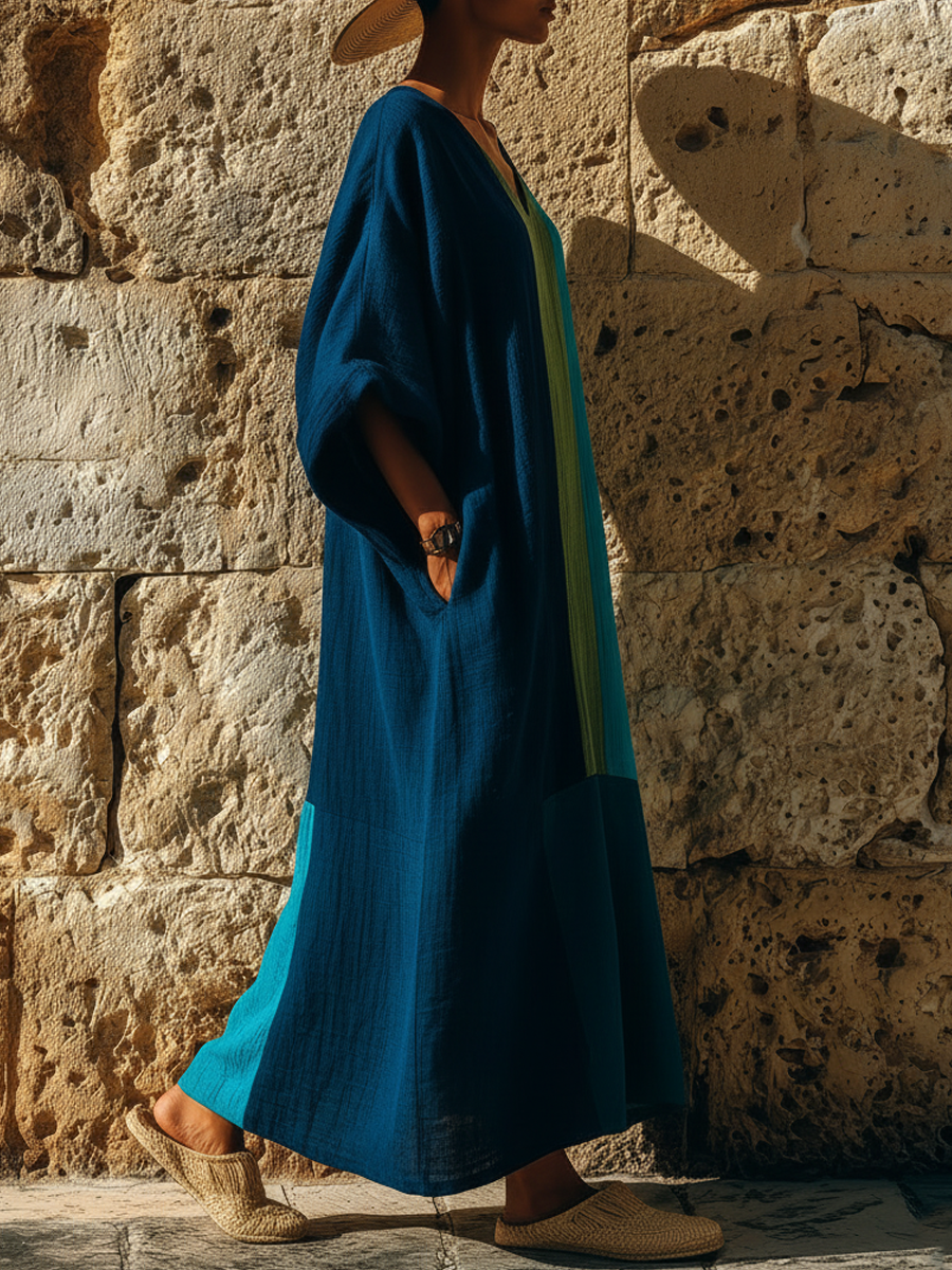 Vacation Style Linen-Blend Color Block Caftan Maxi Dress With Pockets