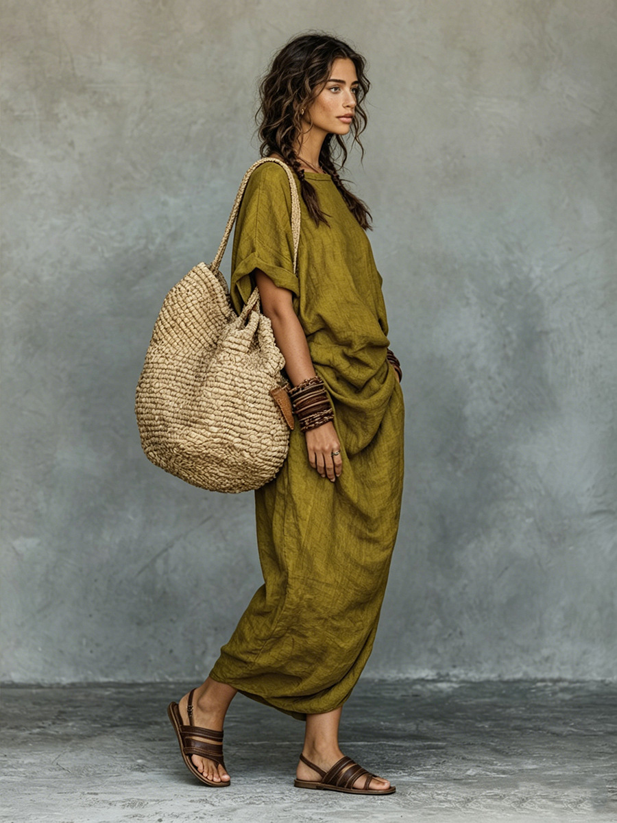 Vintage Cotton-Linen Round-Neck Short-Sleeve Maxi Dress