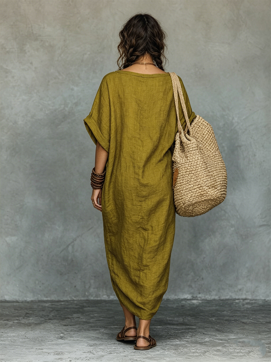 Vintage Cotton-Linen Round-Neck Short-Sleeve Maxi Dress