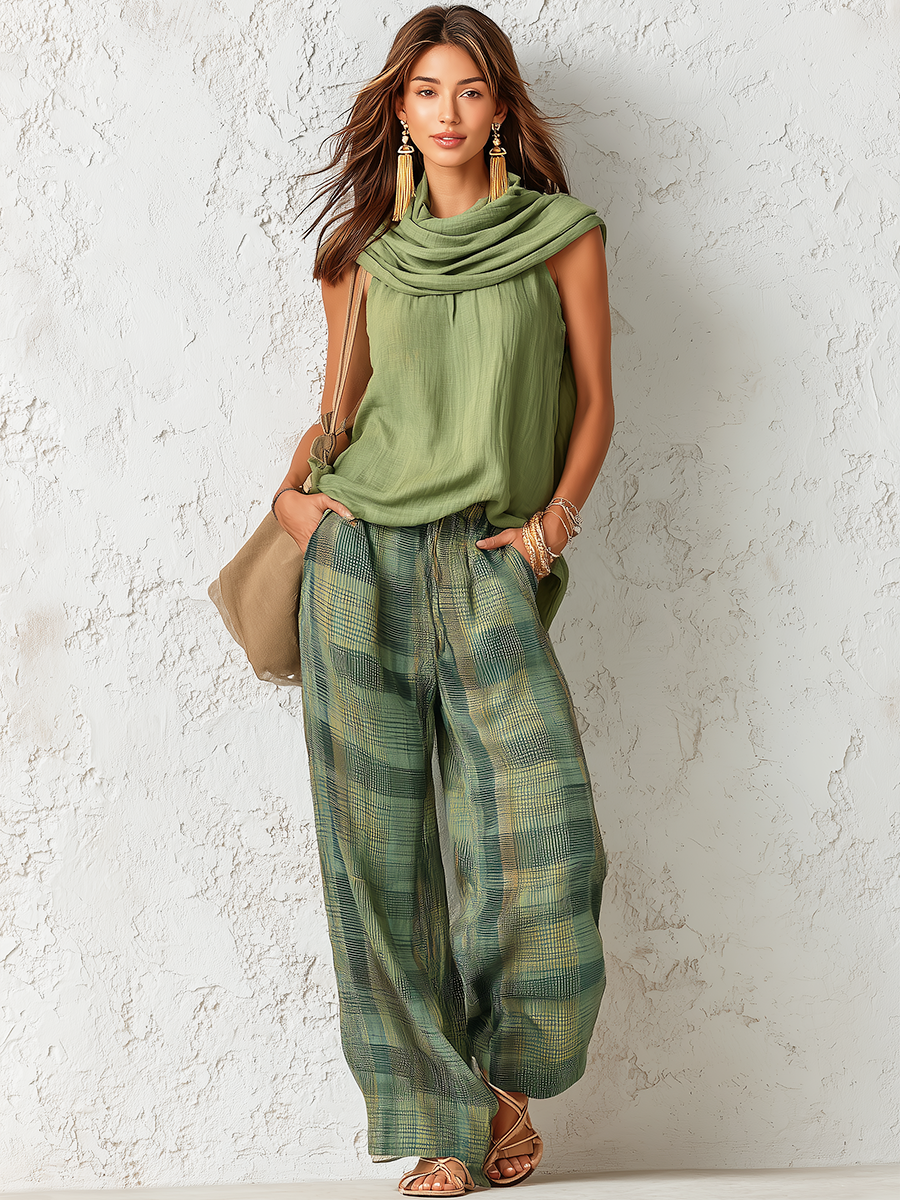 Vintage-Inspired Casual Chic Sleeveless Top And Plaid Trousers Set