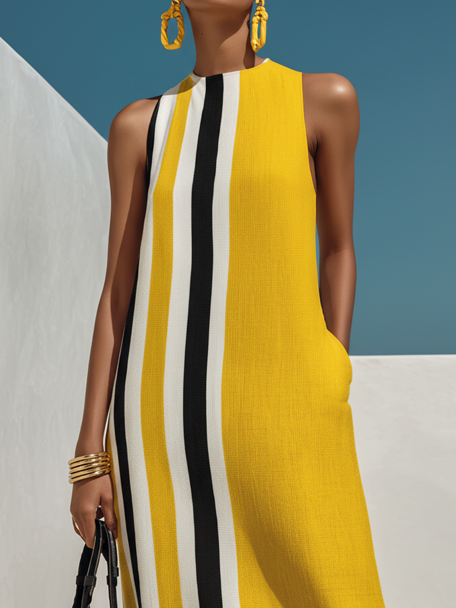 Contrast Print Cotton-Linen Maxi Dress