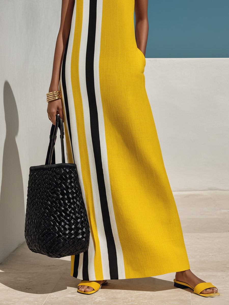 Contrast Print Cotton-Linen Maxi Dress