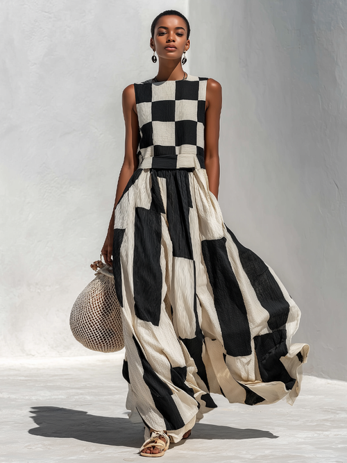 Casual & Stylish Cotton-Linen Blend With Plaid And Stripe Paneling Sleeveless Maxi Dress