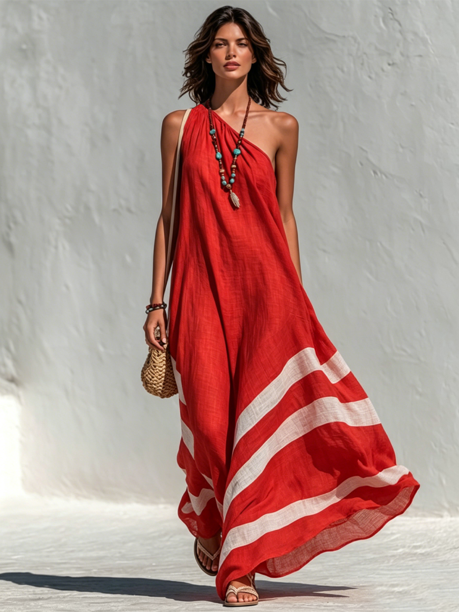 One-Shoulder Colorblock Maxi Dress
