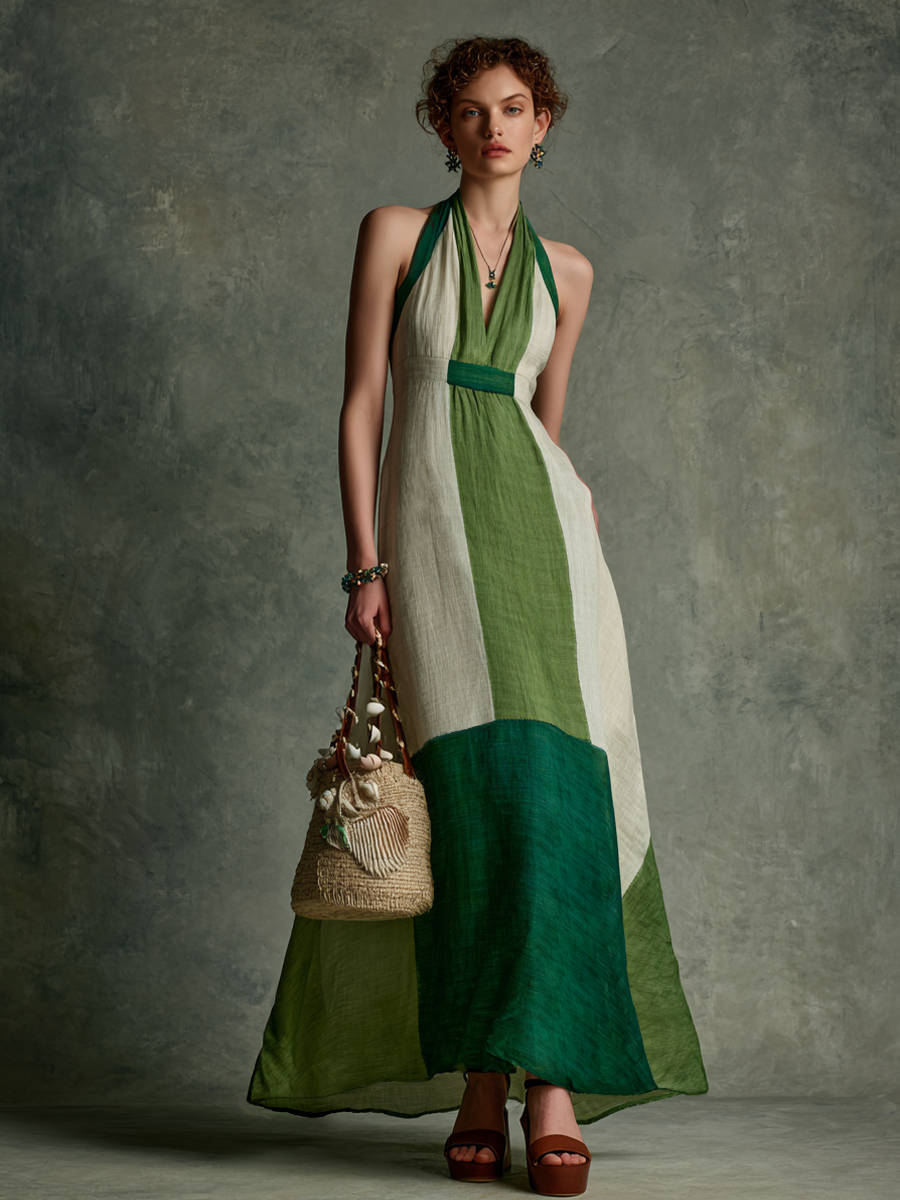 Green Horizon Color-Block Halter Maxi Dress