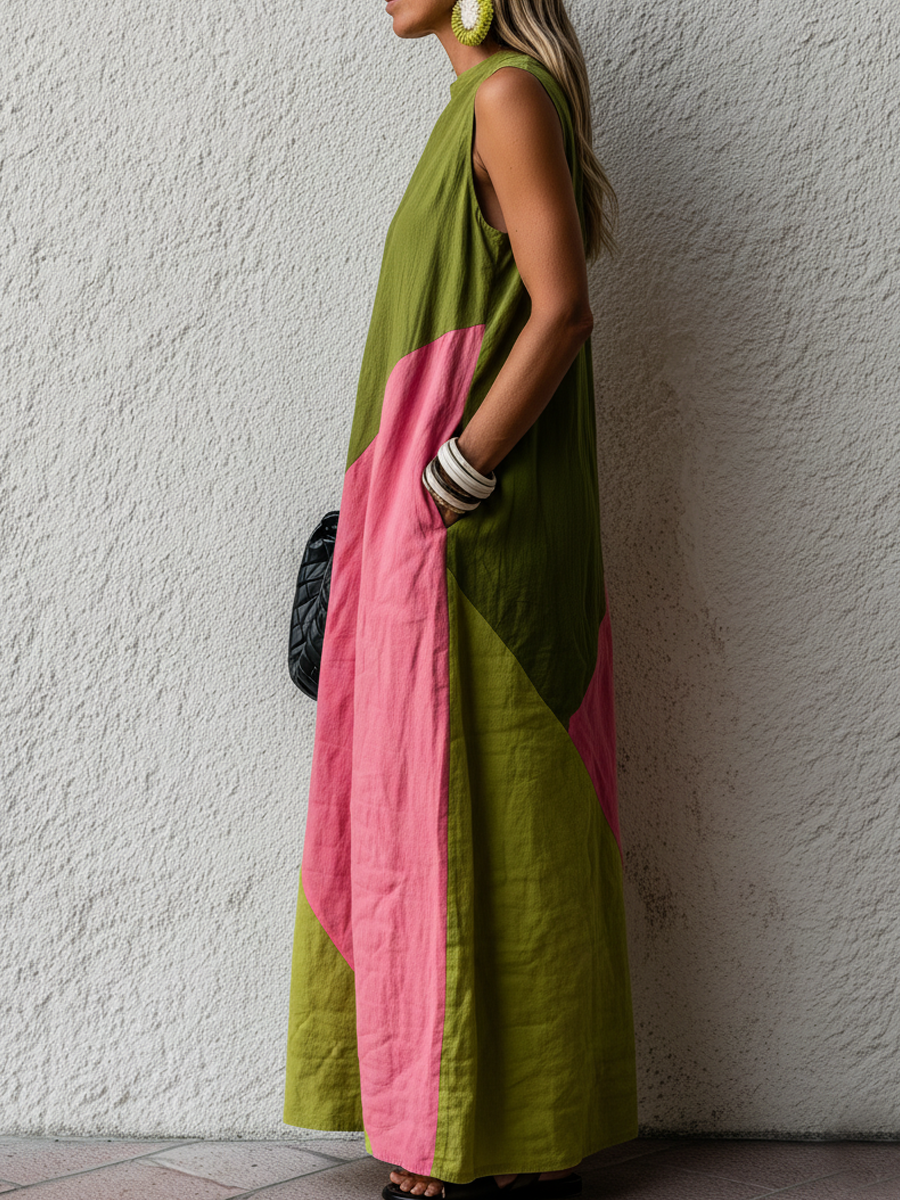Retro Colorblock Cotton-Linen Maxi Dress