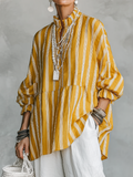 Striped Stand-Collar Linen Shirt