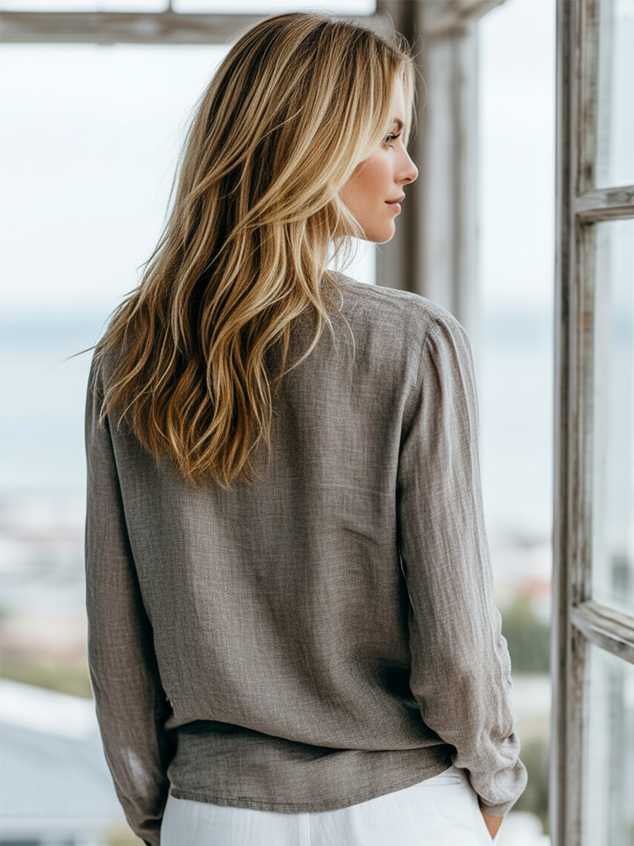 Cotton-Linen Henley Long-Sleeve Shirt