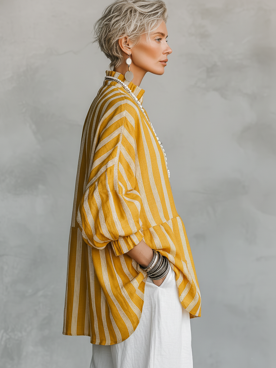 Striped Stand-Collar Linen Shirt