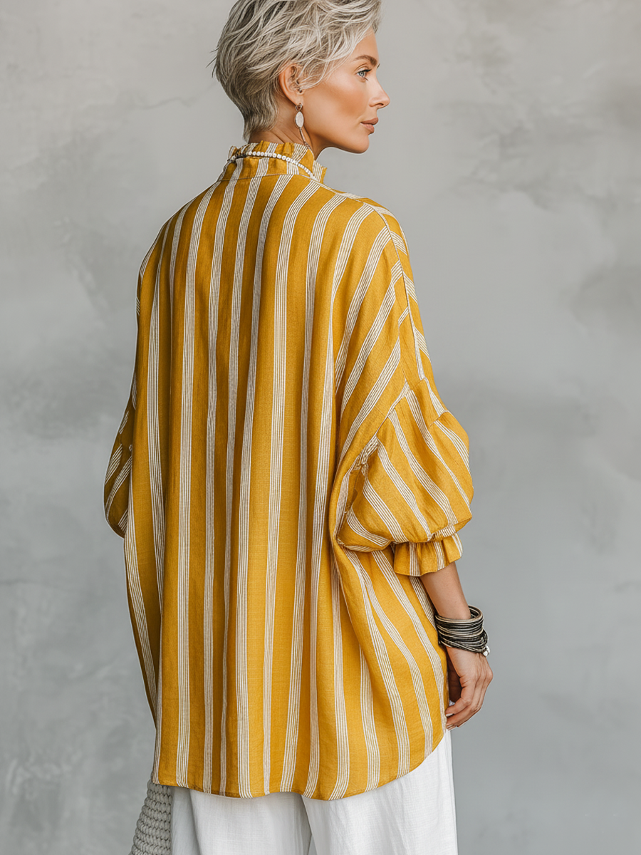 Striped Stand-Collar Linen Shirt