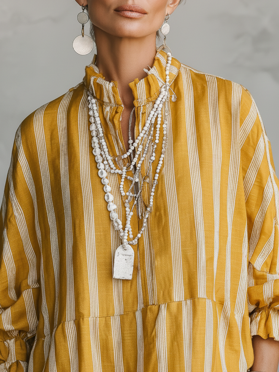 Striped Stand-Collar Linen Shirt