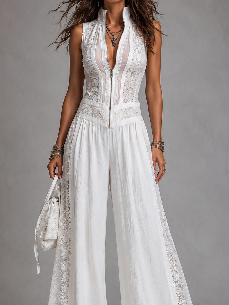 Retro Stand-Collar Wide-Leg Jumpsuit
