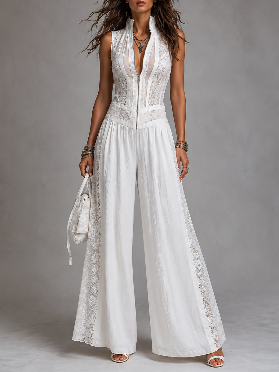 Retro Stand-Collar Wide-Leg Jumpsuit
