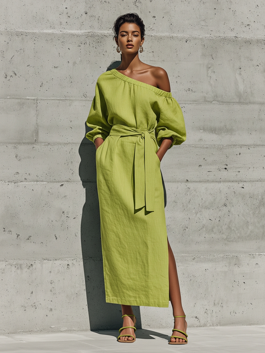 Off-Shoulder Linen Midi Dress