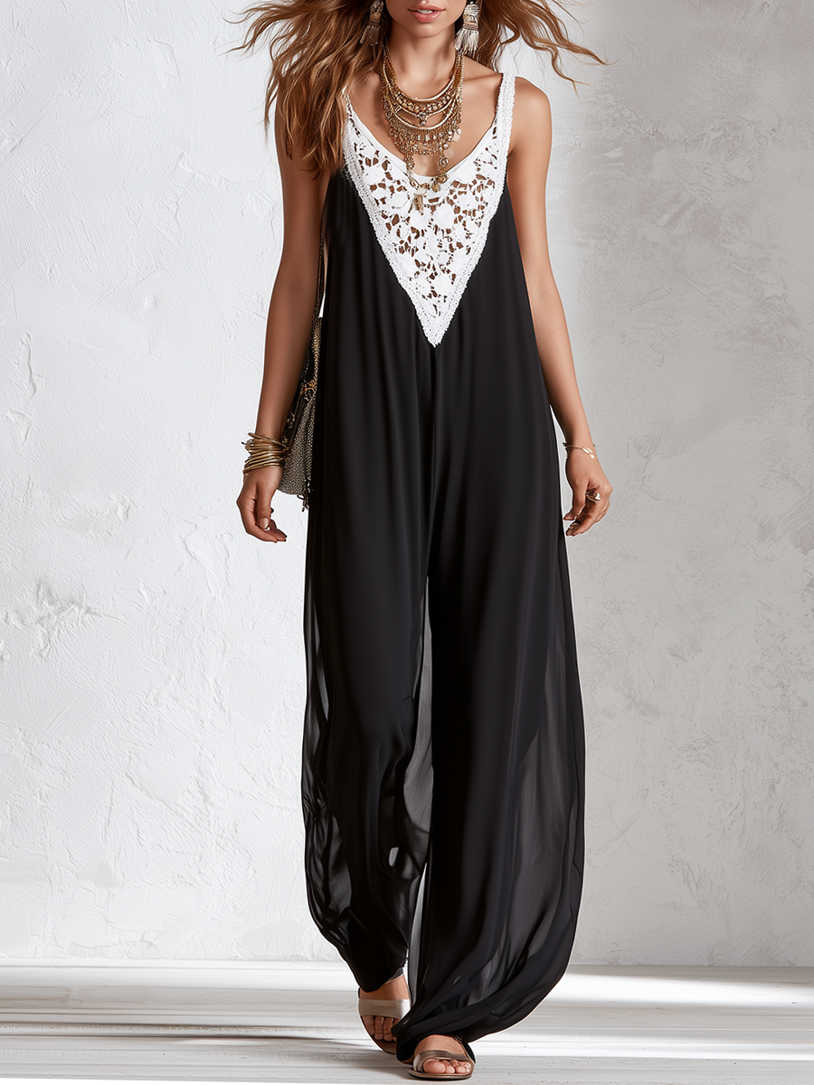 Lace Panel Wide-Leg Jumpsuit