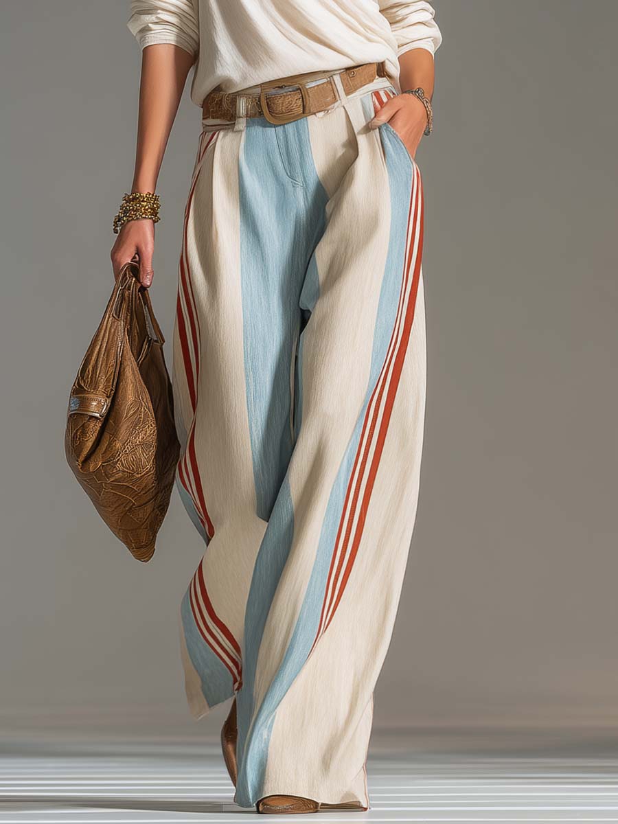 Retro Surplice Striped Wide-Leg Set