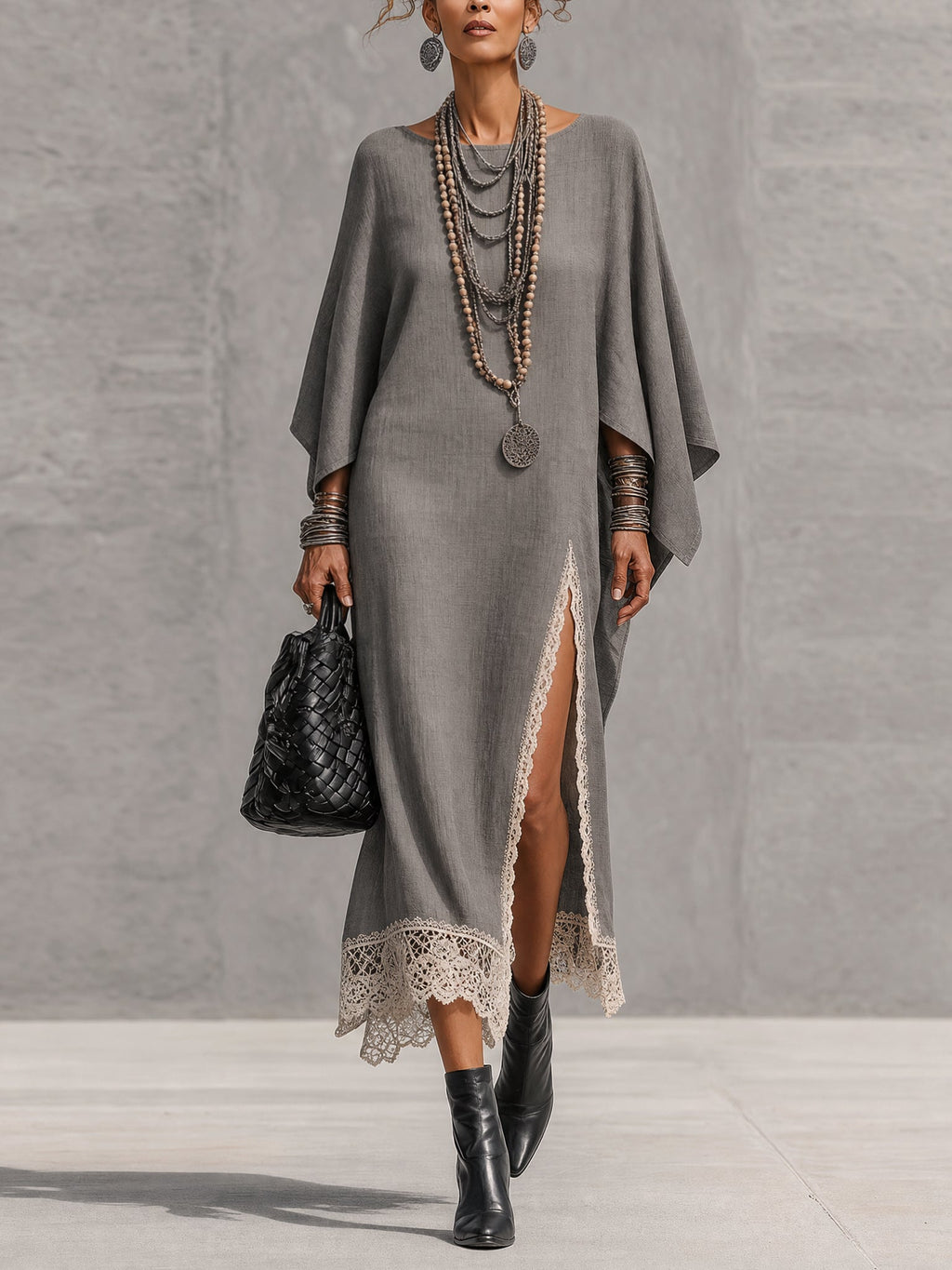 Asymmetric Lace-Trim Maxi Dress