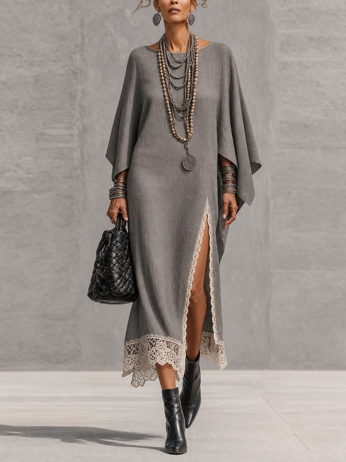Asymmetric Lace-Trim Maxi Dress
